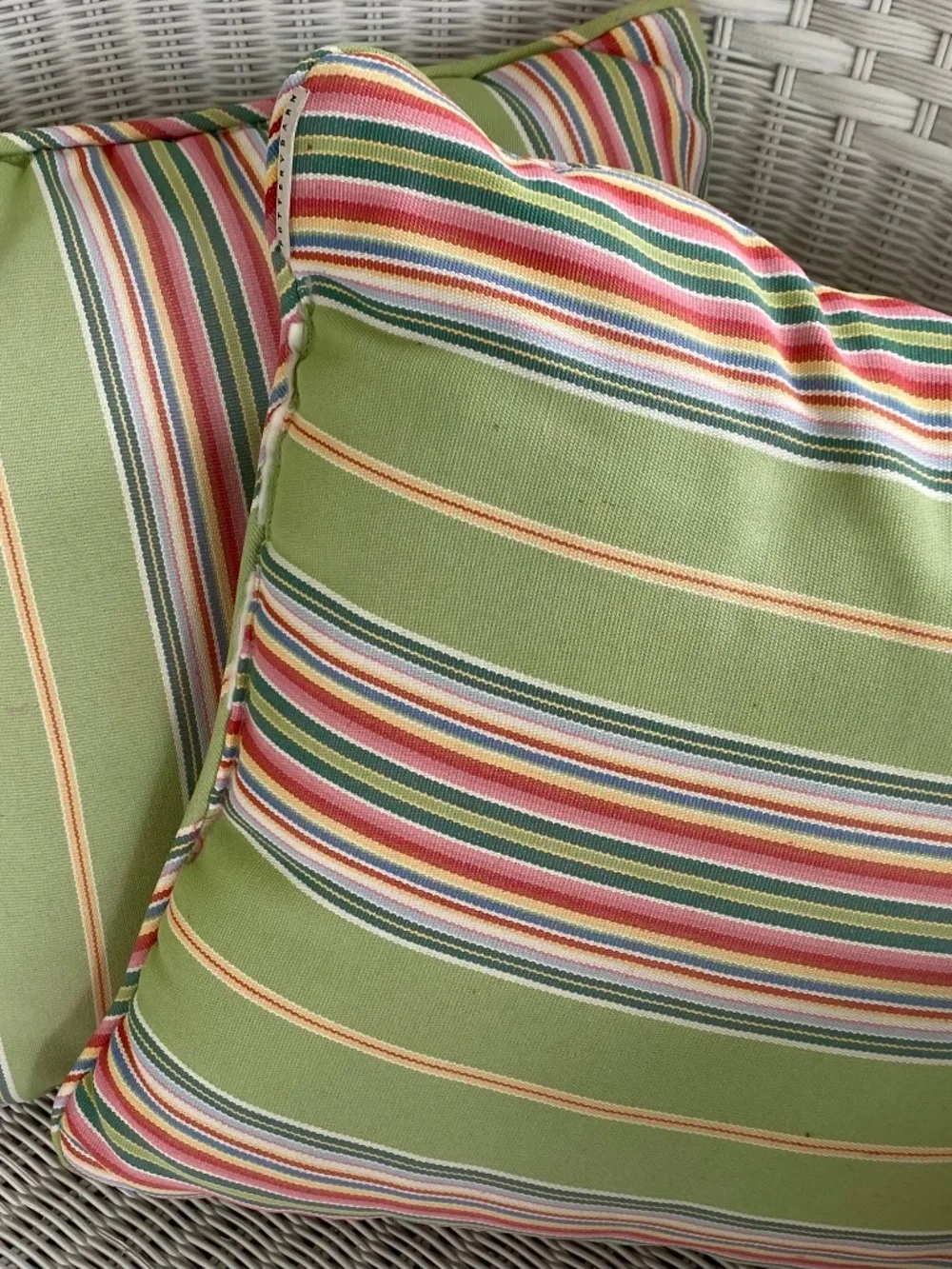 Pottery Barn Pillows in Lime Green, Orange, and Yellow Stripes. Square. Heavy Co